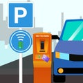 Parking meters.Parking lot with authorized parking machine.Self service parking pay.Wireless, contactless or cashless