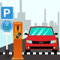 Parking meters.Parking lot with authorized parking machine.Self service parking pay.Wireless, contactless or cashless