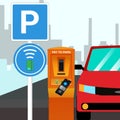 Parking meters.Parking lot with authorized parking machine.Self service parking pay.Wireless, contactless or cashless