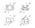 Parking security, Yummy smile and Restaurant food icons set. Wallet sign. Video camera, Emoticon, Cutlery. Vector