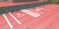 Parking sign on the area paved with red brick. The park places for disabled person and drivers with children. 3d rendering