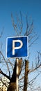 Parking sign with letter P on sky, house and trees background close-up Royalty Free Stock Photo