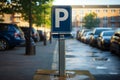 Parking sign and row of parked cars Royalty Free Stock Photo