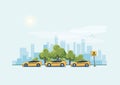 Parking Taxi Cars and City Background Royalty Free Stock Photo