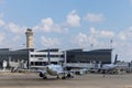 Parking at terminal gate passenger aircraft on Busch International Airport on airplane United Airline