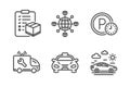 Parking time, Parcel checklist and Logistics network icons set. Taxi, Car service and Car travel signs. Vector Royalty Free Stock Photo