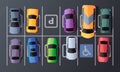 Parking top view. Garage floor with cars from above, city parking lot with free space, cartoon street carpark with Royalty Free Stock Photo