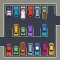 Parking top view. Many cars on parking zone, different vehicles in parked lot from above. Auto vector infographic