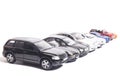 parking toy cars in a row isolated on white Royalty Free Stock Photo