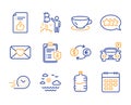 Parking, Travel sea and Privacy policy icons set. Cooler bottle, Approved document and Bitcoin project signs. Vector