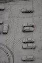 Parking in the winter season, traces in the snow. View from above.selective focus Royalty Free Stock Photo