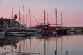 Parking of yachts in the city of Kyrenia harbor in northern Cyprus at sunset.
