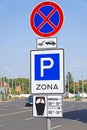 Parking zone road sign on the road