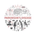 Parkinson`s disease. Symptoms, Treatment. Line icons set. Vector signs.