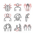 Parkinson`s disease. Symptoms, Treatment. Line icons set. Vector signs.