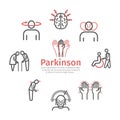 Parkinson`s disease. Symptoms, Treatment. Line icons set. Vector signs. Royalty Free Stock Photo