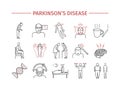 Parkinson`s disease. Symptoms, Treatment. Line icons set. Vector signs for web graphics. Royalty Free Stock Photo