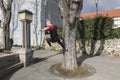 Parkour acrobat in action in Zagreb, Croatia