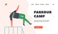 Parkour Club Landing Page Template. Male Character Exercises on City Street. Teenager Sportsman Jumping Over Barrier