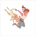 The parkour girl fly with her puppy Dogue de Bordeaux, jumping with sportswear, extreme sports activity ourdoor style