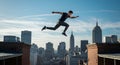 Parkour jump, neck down, plain clothes, dramatic urban action. Royalty Free Stock Photo