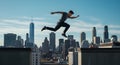 Parkour jump, neck down, plain clothes, dramatic urban action. Royalty Free Stock Photo
