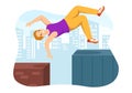 Parkour Sports with Young Men Jumping Over Walls and Barriers in City Streets and Building in Flat Cartoon Hand Drawn Illustration Royalty Free Stock Photo