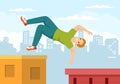 Parkour Sports with Young Men Jumping Over Walls and Barriers in City Streets and Building in Flat Cartoon Hand Drawn Illustration Royalty Free Stock Photo