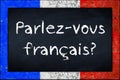 Parlez-vous francais blackboard with franceh flag frame Royalty Free Stock Photo