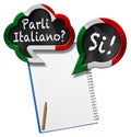 Parli Italiano and Si - Two Speech Bubbles and Blank Note Book Royalty Free Stock Photo