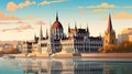 Parliament building in Budapest. City illustration in typographic and cartoon style