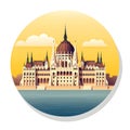 Parliament building in Budapest. City illustration in typographic and cartoon style