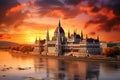 Parliament building in Budapest, Hungary at sunset. Beautiful view, Hungarian parliament, Budapest, at sunset, AI Generated