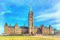 Parliament building colorful painting, Ottawa, Ontario Canada.