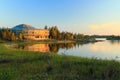 Northwest Territories Assembly Building on Frame Lake in Evening Sun, Yellowknife, Canada