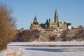 Parliament hill along frozen Ottawa river Royalty Free Stock Photo