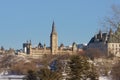 Parliament hill along frozen Ottawa river Royalty Free Stock Photo