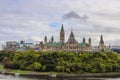 Parliament Hill, Ottawa, Rideau canal. Cloudy sky in Autumn city. Royalty Free Stock Photo