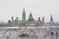 Parliament hill in Ottawa, seen from across Ottawa river on a cold winter day with snow Royalty Free Stock Photo
