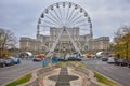 Parliament house and Unirii boulevard in Bucharest prepare for Christmas Market. Royalty Free Stock Photo