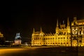 Parliament and Rakoczi Ferenc equestrian statue in Budapest at night