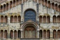 Parma, detailed front view of the cathedral, Duomo square, Italy