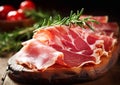 Parma ham slices with rosemary on chopping board.Macro.AI Generative Royalty Free Stock Photo