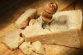 Parmesan cheese on a cutting board with knife Royalty Free Stock Photo