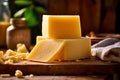 Parmesan cheese, known as Parmigiano Reggiano italian hard cheese in the kitchen. Generative Ai