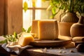 Parmesan cheese, known as Parmigiano Reggiano italian hard cheese in the kitchen. Generative Ai