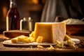 Parmesan cheese, known as Parmigiano Reggiano italian hard cheese in the kitchen. Generative Ai