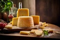 Parmesan cheese, known as Parmigiano Reggiano italian hard cheese in the kitchen. Generative Ai