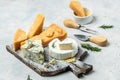 Parmesan cheese on a wooden board, Hard cheese, olives, rosemary and metal grater on a light background. place for text, top view