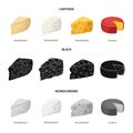 Parmesan, roquefort, maasdam, gauda.Different types of cheese set collection icons in cartoon,black,monochrome style